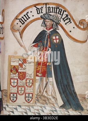 Enrico, duca di Lancaster (c1440-1450). Ritratto di Enrico, duca di Lancaster (1367-1413), poi re Enrico IV, un Cavaliere fondatore dell'ordine della Giarrettiera, che indossa un mantello blu su armatura e soprabito con le braccia. Una tavoletta incorniciata espone le braccia dipinte dei successori nella sua stalla della Giarrettiera nella St George's Chapel, Windsor. Illustrazione dal Garter Book di William Bruges, (c1440-1450). Foto Stock