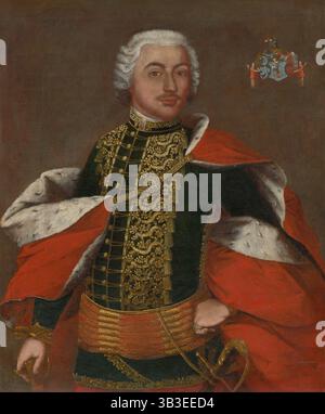 Ritratto di uno zeman in costume cerimoniale, c1740. Giovane uomo che indossa un mantello foderato in ermellino e un'uniforme militare con ricami dorati. Foto Stock