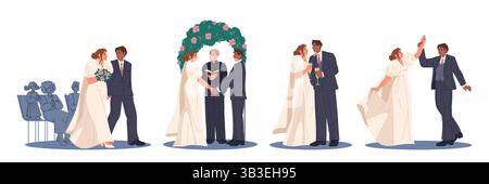 Serie di eventi per matrimoni o cerimonie matrimoniali. Sposa vettoriale e sposo camminano e ballano, bevono champagne. Coppia d'amore o coppia sposata. Coinvolgimento. Illustrazione Vettoriale