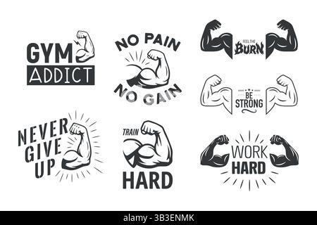 Set emblema Vector Monochrome fitness Motivation con bicipiti flessibili e preventivi da palestra. Etichette di allenamento, icone di bodybuilding, design tipografico sportivo per T Illustrazione Vettoriale