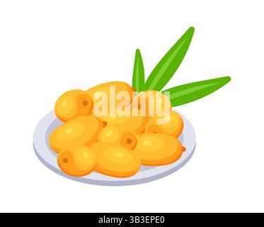 Bacche fresche di spinoso marino stese su piatto con foglie verdi Illustrazione Vettoriale