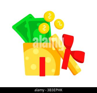 Confezione regalo piena di soldi e monete d'oro che esplodono dall'interno Illustrazione Vettoriale