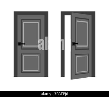 Porta grigia chiusa e aperta, che mostra un ingresso e un'uscita in toni grigi Illustrazione Vettoriale