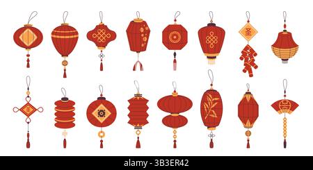 Set di lanterne cinesi o decorazioni vettoriali cinesi. Collezione di icone di decorazioni asiatiche o clipart della lampada orientale. Decorazioni tradizionali per le vacanze. Illustrazione Vettoriale