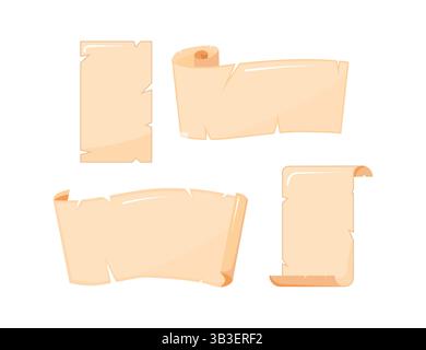 Serie di rotoli di carta vecchi e fogli che rappresentano documenti antichi Illustrazione Vettoriale