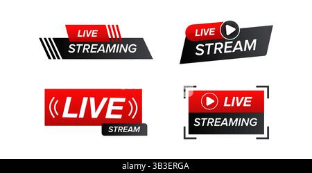 Icone rosse e nere di Live streaming che mostrano il pulsante di riproduzione e le onde del segnale Illustrazione Vettoriale
