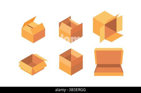 Set di sei scatole di cartone con apertura e chiusura, vista isometrica, concetto di imballaggio Illustrazione Vettoriale