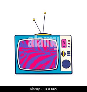 Vecchia TV analogica con icona antenna. Televisione Vector retro o mezzi di trasmissione vintage, vecchio dispositivo video con schermo. cultura degli anni '90. Pop art Illustrazione Vettoriale