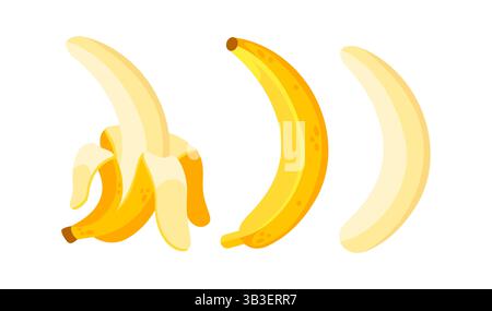 Banana sbucciata, banana intera e banana senza sbucciatura isolata su sfondo bianco Illustrazione Vettoriale