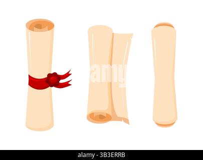 Set di rotoli di carta antichi legati con nastri rossi e sigillati con cera Illustrazione Vettoriale