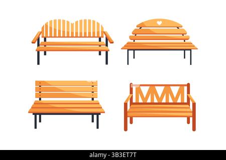 Quattro panchine in legno che mostrano diversi design per posti a sedere nei parchi pubblici Illustrazione Vettoriale