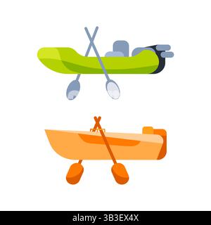 Barche a remi incrociati, barche a remi, barche in legno e gommoni con pagaie, illustrazione vettoriale vista laterale Illustrazione Vettoriale