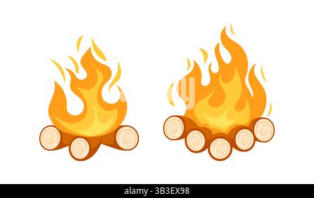 Falò bruciato con tronchi di legno che creano un'atmosfera accogliente in due varianti Illustrazione Vettoriale