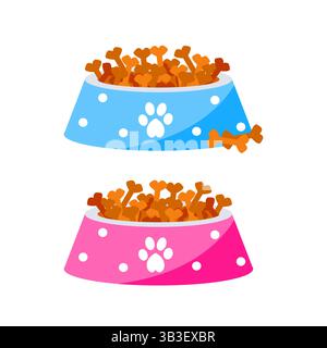 Due ciotole per cani piene di kibble a forma di osso isolate su sfondo bianco Illustrazione Vettoriale