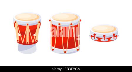 Batteria giocattolo rossa e tamburello che rappresentano musica e ritmo Illustrazione Vettoriale