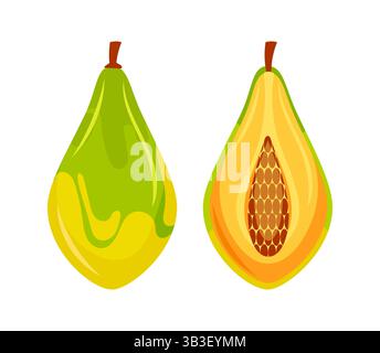 Papaia intera e tagliata a metà mostrando i suoi semi e la polpa Illustrazione Vettoriale