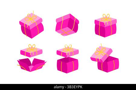 Set di confezioni regalo rosa per aprire e ruotare, a sorpresa e per festeggiare Illustrazione Vettoriale