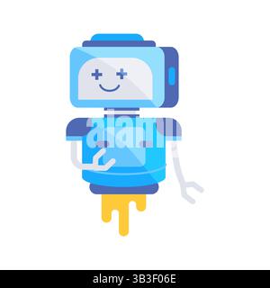 Cordiale robot blu che vola e saluta con la mano Illustrazione Vettoriale