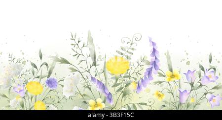 Fiori di campo, dente di leone, freccia, pisello di topo e prato. Acquerello isolato disegnato a mano bordo senza cuciture del fiore giallo del campo lilla Foto Stock