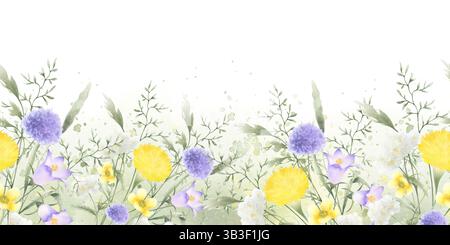 Fiori di campo, tarassio, yarrow e prato. Acquerello isolato disegnato a mano bordo senza cuciture del fiore giallo del campo lilla su verde Foto Stock