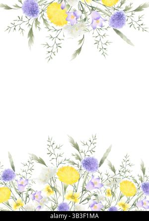Fiori di campo, tarassio, yarrow e prato. Cornice rettangolare isolata ad acquerello disegnata a mano di fiori gialli lilla con copia Foto Stock