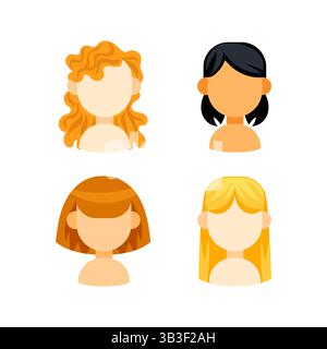 Quattro avatar femminili che mostrano acconciature diverse, dai capelli ricci ai capelli lisci Illustrazione Vettoriale