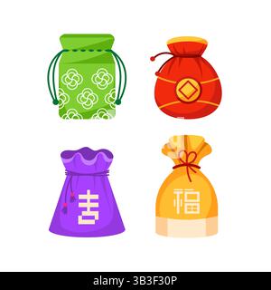 Quattro borse portafortuna colorate per festeggiare il nuovo anno lunare Illustrazione Vettoriale