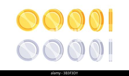 Sprite rotante con monete d'oro e d'argento per lo sviluppo di giochi Illustrazione Vettoriale