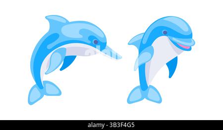 Due delfini giocosi che saltano e mostrano le loro pinne e code Illustrazione Vettoriale