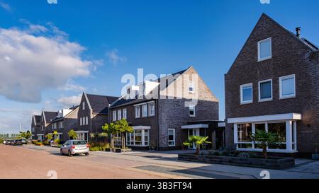 Questa strada contemporanea presenta case familiari di nuova costruzione caratterizzate da un'architettura moderna in un tranquillo sobborgo olandese. Le case ben progettate riflettono una perfetta miscela di stile e comfort. Foto Stock