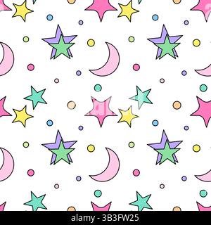 Motivo astratto senza cuciture caratterizzato da stelle, lune a mezzaluna e cerchi in pastello di diverse tonalità stile ingenuo su sfondo bianco. Stellata di cartoni animati Illustrazione Vettoriale