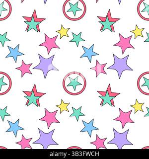 Motivo decorativo astratto senza cuciture con stelle colorate all'interno di anelli su sfondo bianco. Cielo stellato di cartoni animati in stile ingenuo per i bambini, nu Illustrazione Vettoriale