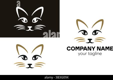 Una collezione di loghi Cat dal design minimalista con diverse combinazioni di colori e testo del marchio aziendale Illustrazione Vettoriale