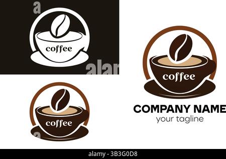 design con logo coffee con tazza e piattino in tonalità nero bianco e marrone Illustrazione Vettoriale