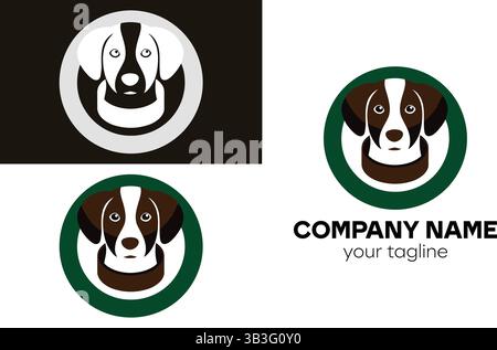 Design accattivante del logo della testa del cane in vista frontale all'interno di un cerchio verde per i marchi di salute e benessere degli animali domestici Illustrazione Vettoriale