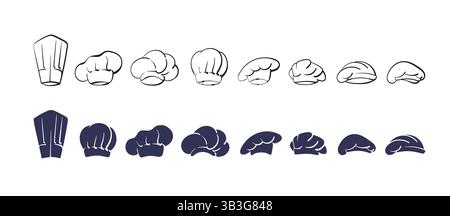 Chef vettoriale, set di cappelli. Cuocere i cappelli isolati su sfondo bianco. Silhouette nera per il design bakeshop Illustrazione Vettoriale