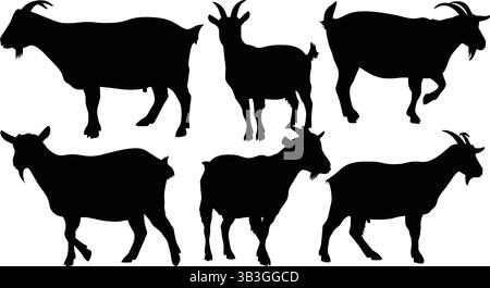 Set dinamico di silhouette di capra dettagliate che mostrano la vita degli animali della fattoria e il comportamento al pascolo Illustrazione Vettoriale