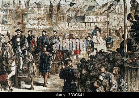 "La processione matrimoniale di Anna Bolena", (1533), 1890. Incoronazione di Anna Bolena (c1501-1536) il 25 gennaio 1533 quando divenne regina d'Inghilterra per matrimonio con re Enrico VIII. Da "Cassell's Illustrated Universal History, Vol. IV - Modern History", di Edmund Ollier. [Cassell and Company, Limited, Londra, Parigi e Melbourne, 1890]. (Stampa a colori in bianco e nero). Foto Stock