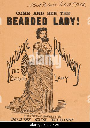 Vieni a vedere la Bearded Lady!, 1886. "La grande novità è ora in vista". Illustrazione di una pubblicità per Madame Polonawsky, una donna russa che si esibisce all'Albert Palace di Battersea, Londra. Foto Stock