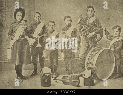 Bambini musicisti dell'Esercito della salvezza a Kennington Lane Barracks, Londra, 1896. Illustrazione tratta da una pubblicità per bambini musicisti conosciuta come "Richards" Musical Midgets". Foto Stock