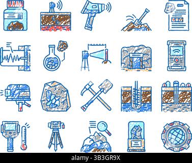 Icone del set di ricerche geologiche disegnate a mano Illustrazione Vettoriale
