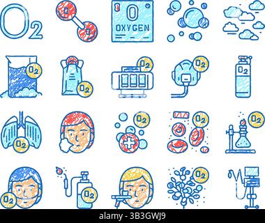 Icone set chimico ossigeno O2 disegnate a mano Illustrazione Vettoriale
