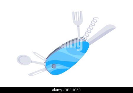 Coltello tascabile Blue MultiTool con forca, coltello, cucchiaio, cavatappi e utensili Illustrazione Vettoriale