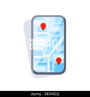 Smartphone con mappa con percorso e due puntatori rossi Illustrazione Vettoriale