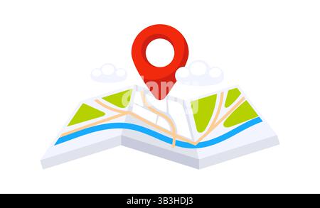 Puntino di posizionamento rosso rivolto sulla carta piegata navigazione mappa città Illustrazione Vettoriale