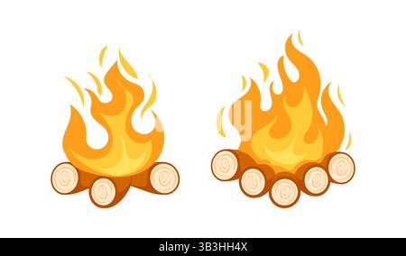 Falò bruciato con tronchi di legno che creano un'atmosfera accogliente in due varianti Illustrazione Vettoriale
