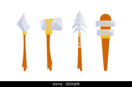 Armi di pietra preistoriche legate a manici di legno con corda Illustrazione Vettoriale