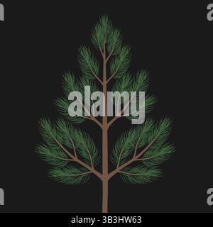 Pino verde isolato su sfondo nero, elemento di progettazione. Illustrazione Vettoriale