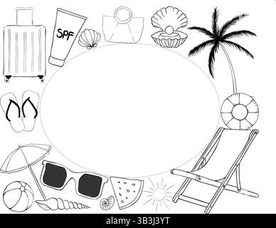 Cornice estiva vacanza al mare modello di cornice rettangolare ovale per testo. Illustrazione dell'inchiostro con linee grafiche vettoriali. Striscioni, poster, carta da imballaggio, adesivo Illustrazione Vettoriale