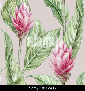 Motivo acquerello botanico senza cuciture con foglie di zenzero e fiori rossi su sfondo beige Foto Stock